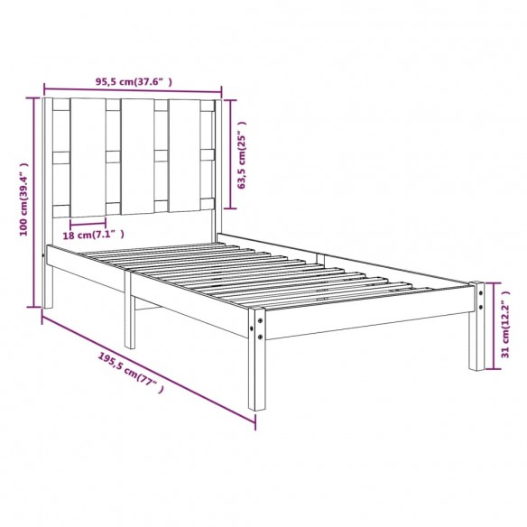 Cadre de lit Noir Bois massif 90x190 cm Simple