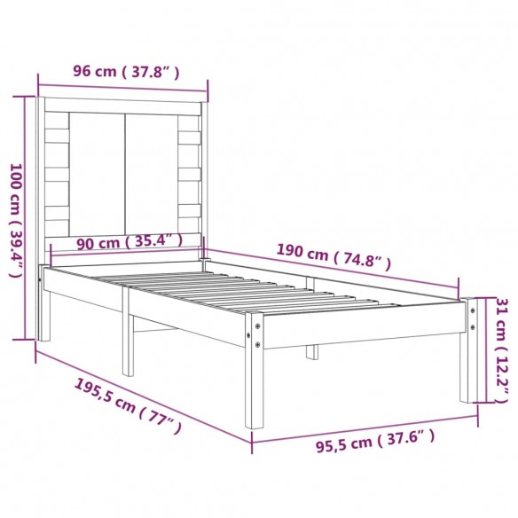 Cadre de lit Noir Bois massif 90x190 cm Simple