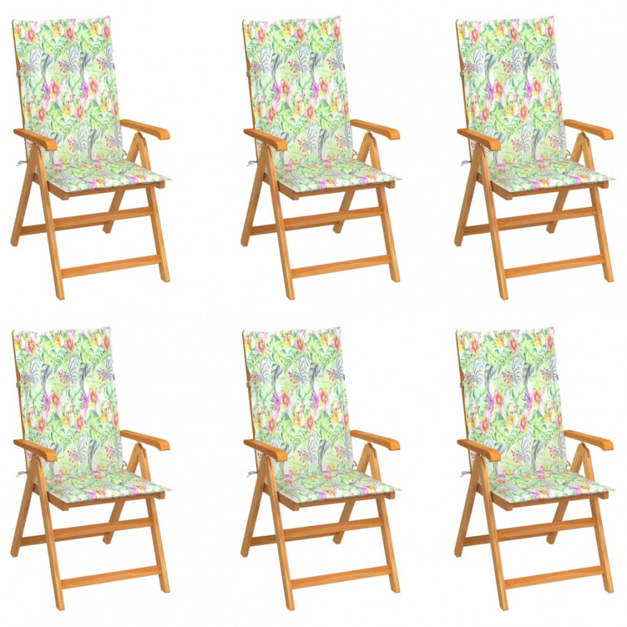 Chaises de jardin 6 pcs avec coussins à motif de feuilles Teck