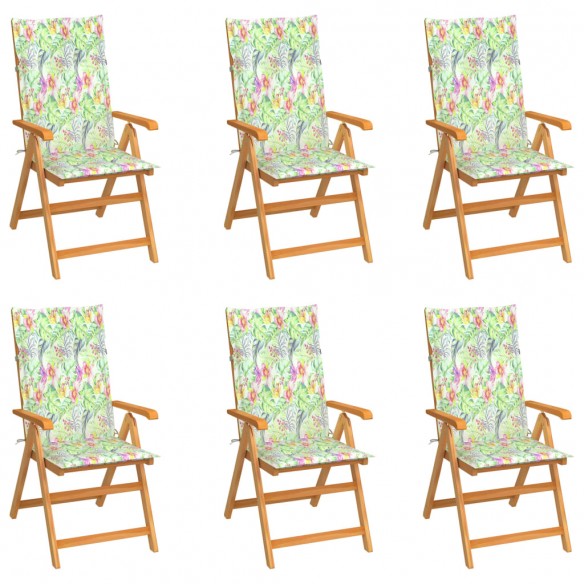 Chaises de jardin 6 pcs avec coussins à motif de feuilles Teck