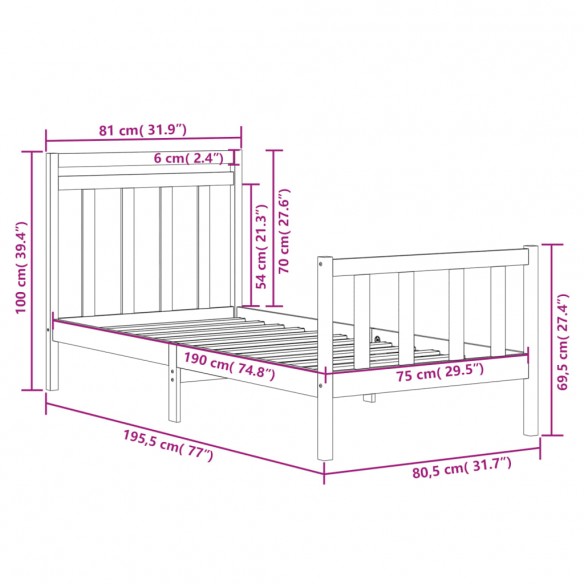 Cadre de lit bois massif 75x190 cm petit simple