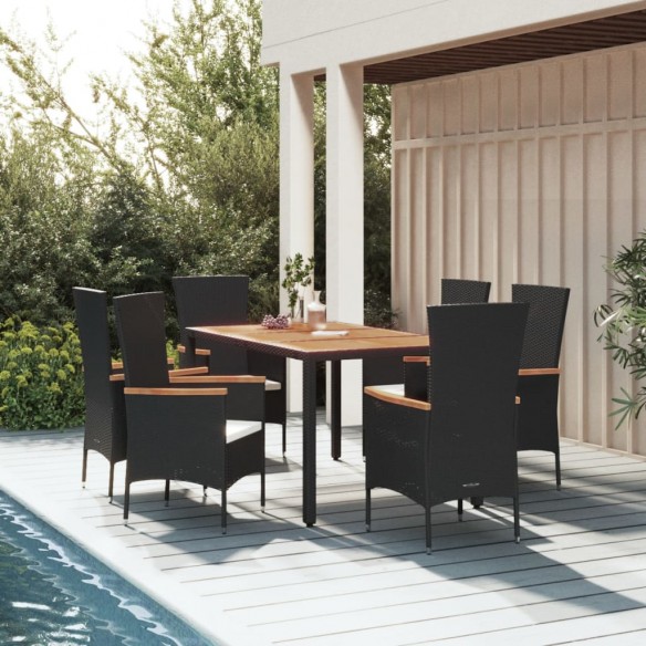 Ensemble à manger de jardin coussins 7pcs Noir Résine tressée