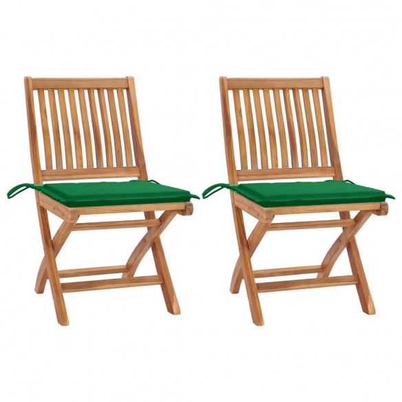 Chaises de jardin 2 pcs avec coussins vert Bois de teck massif