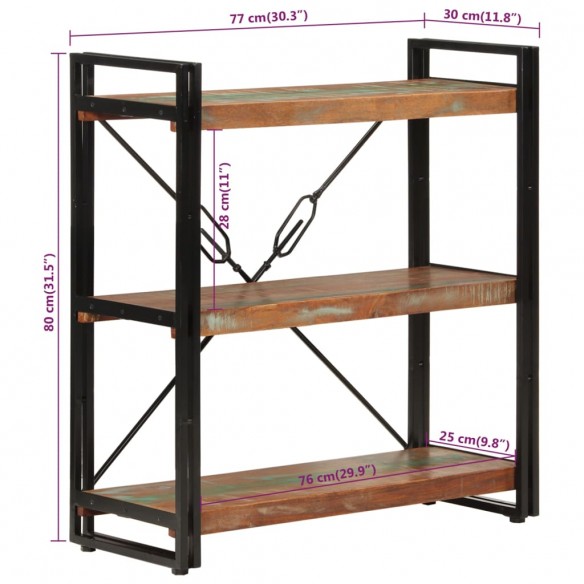 Bibliothèque 3 niveaux 77x30x80 cm bois récupération massif/fer