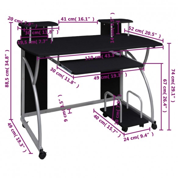 Bureau d'ordinateur Noir 110x52x88,5 cm Bois d’ingénierie