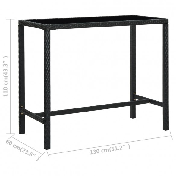 Table bar de jardin Noir 130x60x110 cm Résine tressée et verre