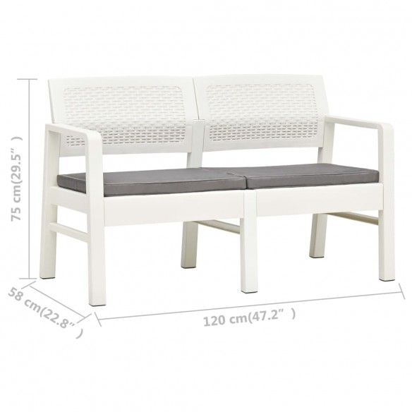 Banc de jardin à 2 places et coussins 120 cm Plastique Blanc