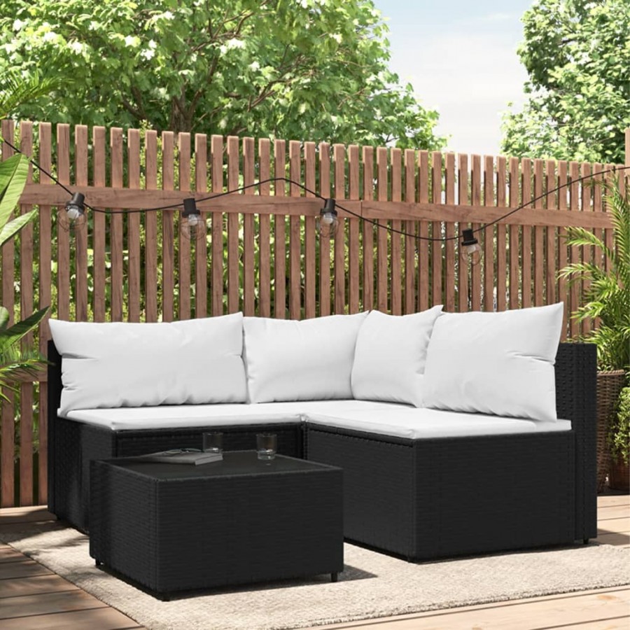 Salon de jardin 4 pcs avec coussins Noir Résine tressée