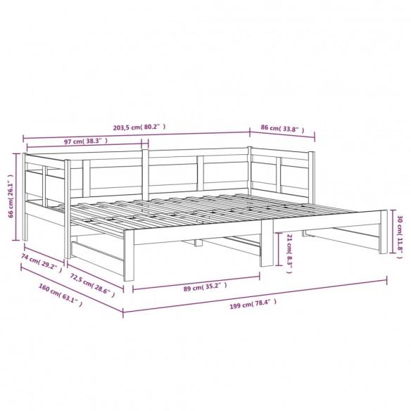 Lit coulissant Noir Bois de pin solide 2x(80x200) cm