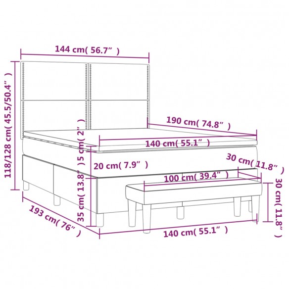 Cadre de lit et matelas Gris clair 140x190cm Velours