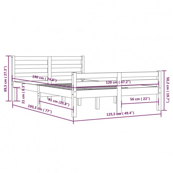 Cadre de lit Noir Bois massif 120x190 cm Petit double