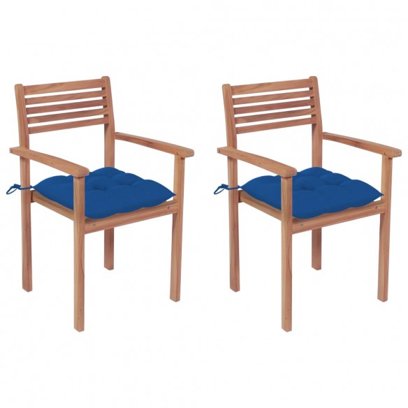 Chaises de jardin 2 pcs avec coussins bleu Bois de teck massif