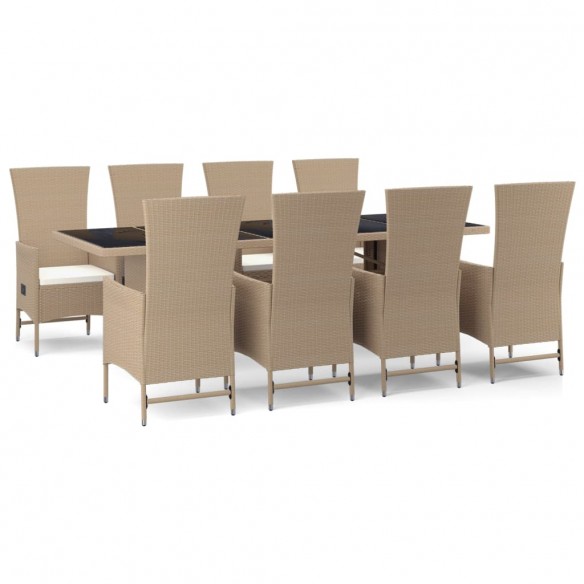 Ensemble à manger de jardin et coussins 9 pcs beige Poly rotin