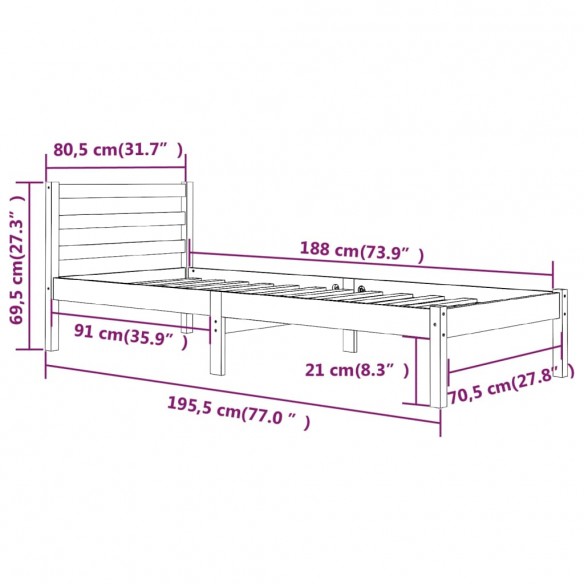 Cadre de lit Bois de pin massif 75x190 cm Noir petit simple