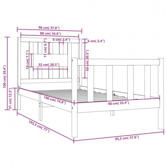 Cadre de lit Blanc Bois massif 90x190 cm Simple