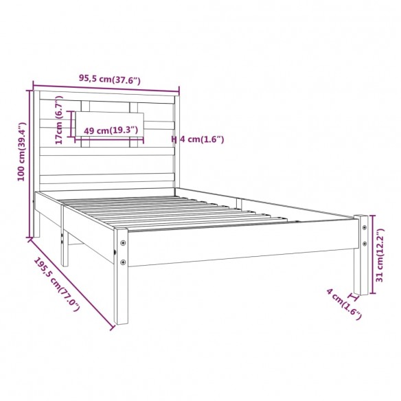 Cadre de lit bois massif 90x190 cm simple