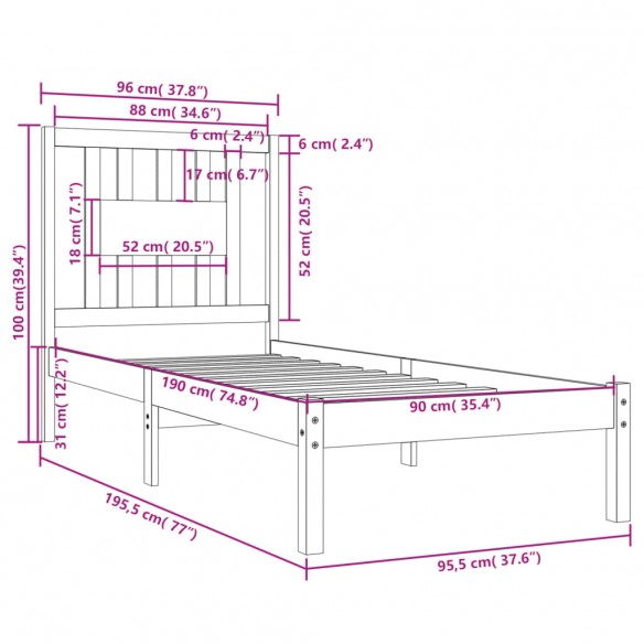 Cadre de lit bois massif 90x190 cm simple