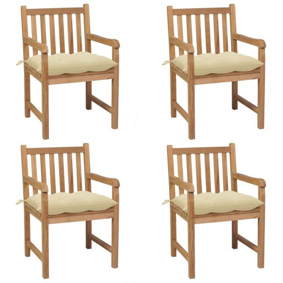 Chaises de jardin 4 pcs avec coussins blanc crème Teck solide