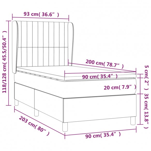 Cadre de lit avec matelas Gris foncé 90x200 cm Tissu