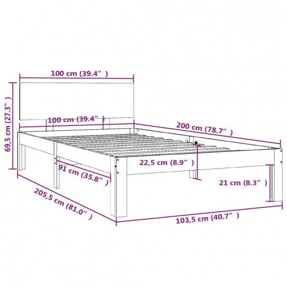 Cadre de lit Blanc Bois de pin massif 100x200 cm