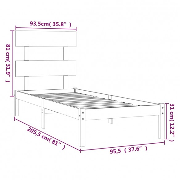 Cadre de lit Gris Bois massif 90x200 cm