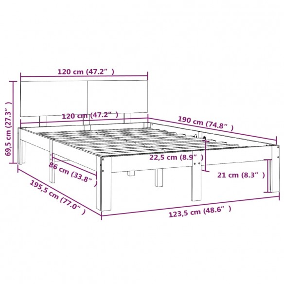 Cadre de lit bois massif 120x190 cm petit double