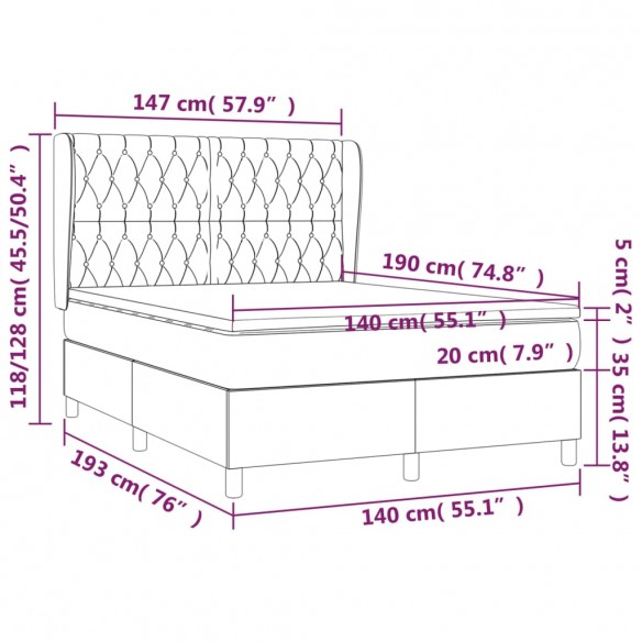 Cadre de lit avec matelas Gris foncé 140x190cm Tissu