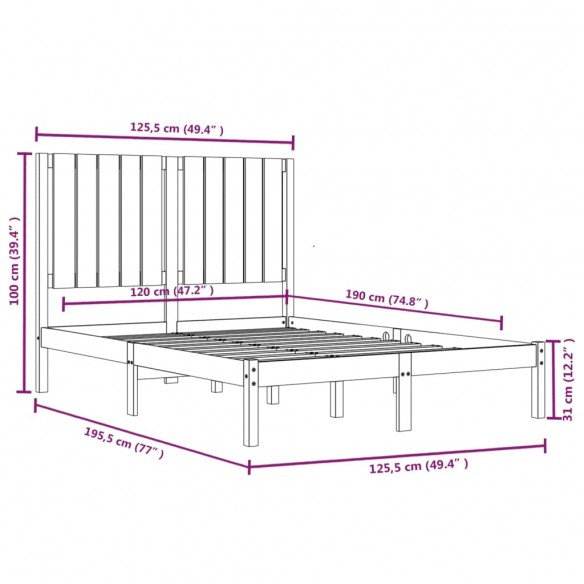 Cadre de lit Blanc Bois massif 120x190 cm Petit Double