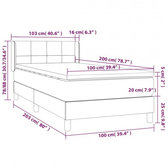 Cadre de lit avec matelas Gris foncé 100x200cm Tissu