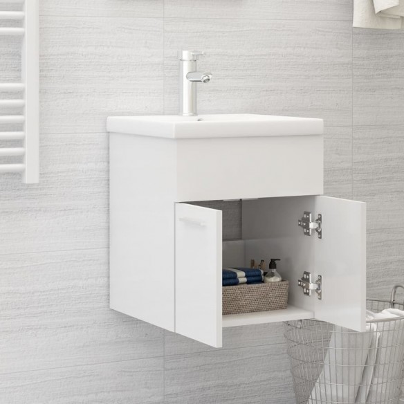 Armoire d'évier avec lavabo intégré Blanc brillant Aggloméré