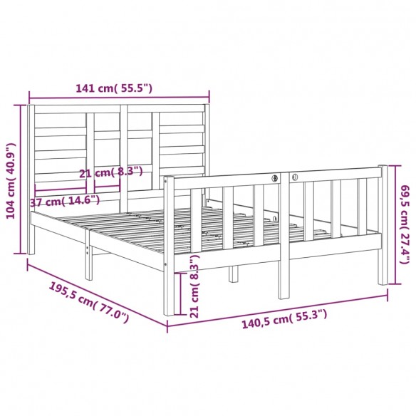 Cadre de lit Blanc Bois massif 135x190 cm Double