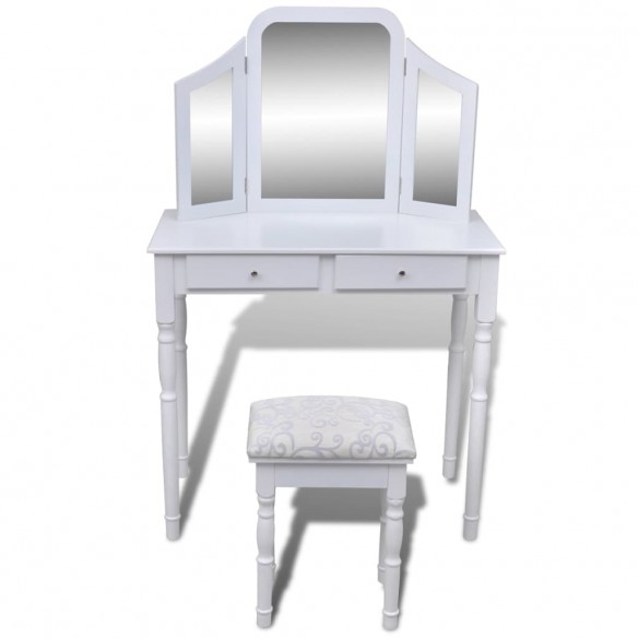 Coiffeuse avec miroir et tabouret 2 tiroirs Blanc