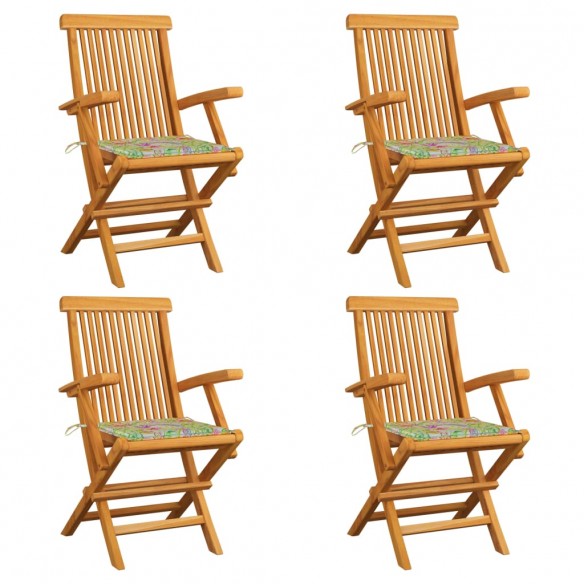 Chaises de jardin et coussins motif à feuilles 4pcs Teck massif