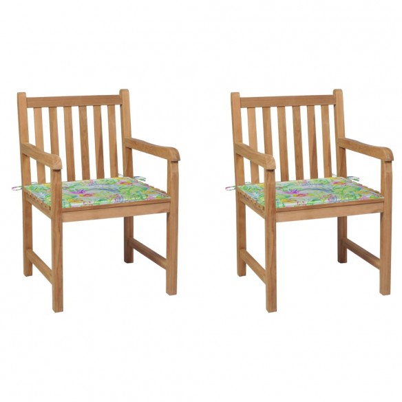 Chaises de jardin 2 pcs avec coussins à motif de feuilles Teck