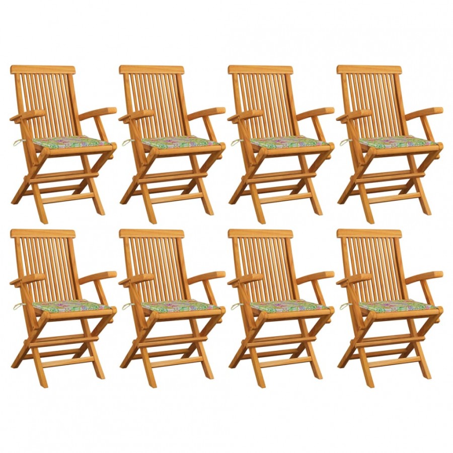 Chaises de jardin avec coussins motif feuilles 8pcs Teck massif