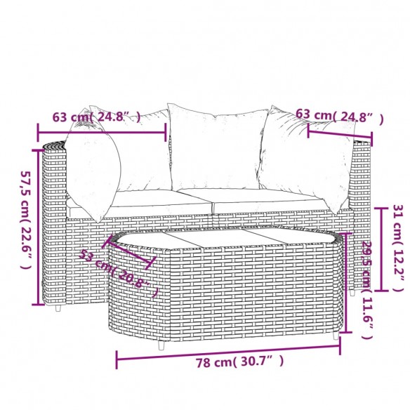 Salon de jardin 3 pcs avec coussins marron résine tressée