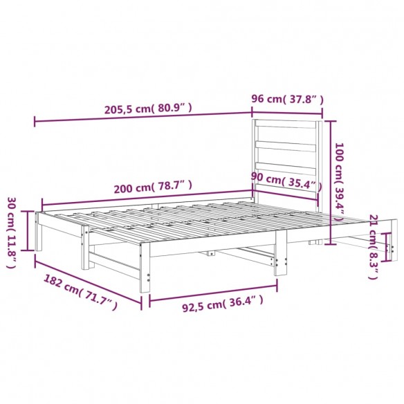 Lit coulissant Noir 2x(90x200) cm Bois de pin massif