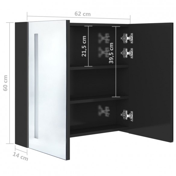 Armoire de salle de bain à miroir LED noir brillant 62x14x60 cm