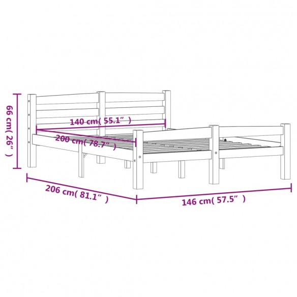 Cadre de lit Gris foncé Bois de pin massif 140x200 cm