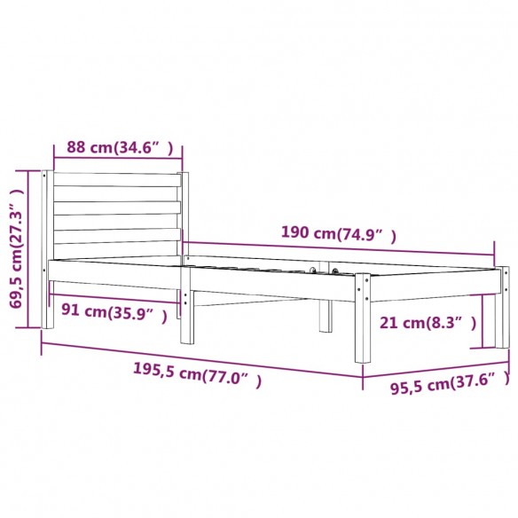 Cadre de lit Bois de pin massif 90x190 cm Blanc simple