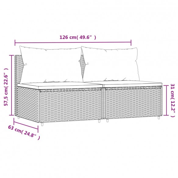 Canapés centraux de jardin et coussins 2pcs Noir Résine tressée