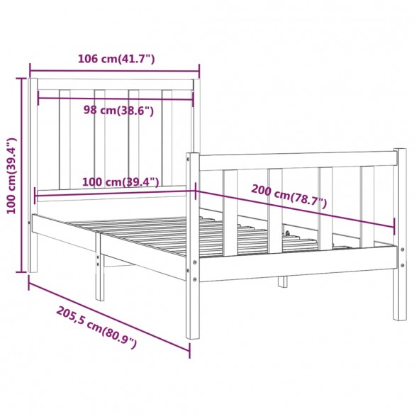 Cadre de lit Blanc Bois massif 100x200 cm