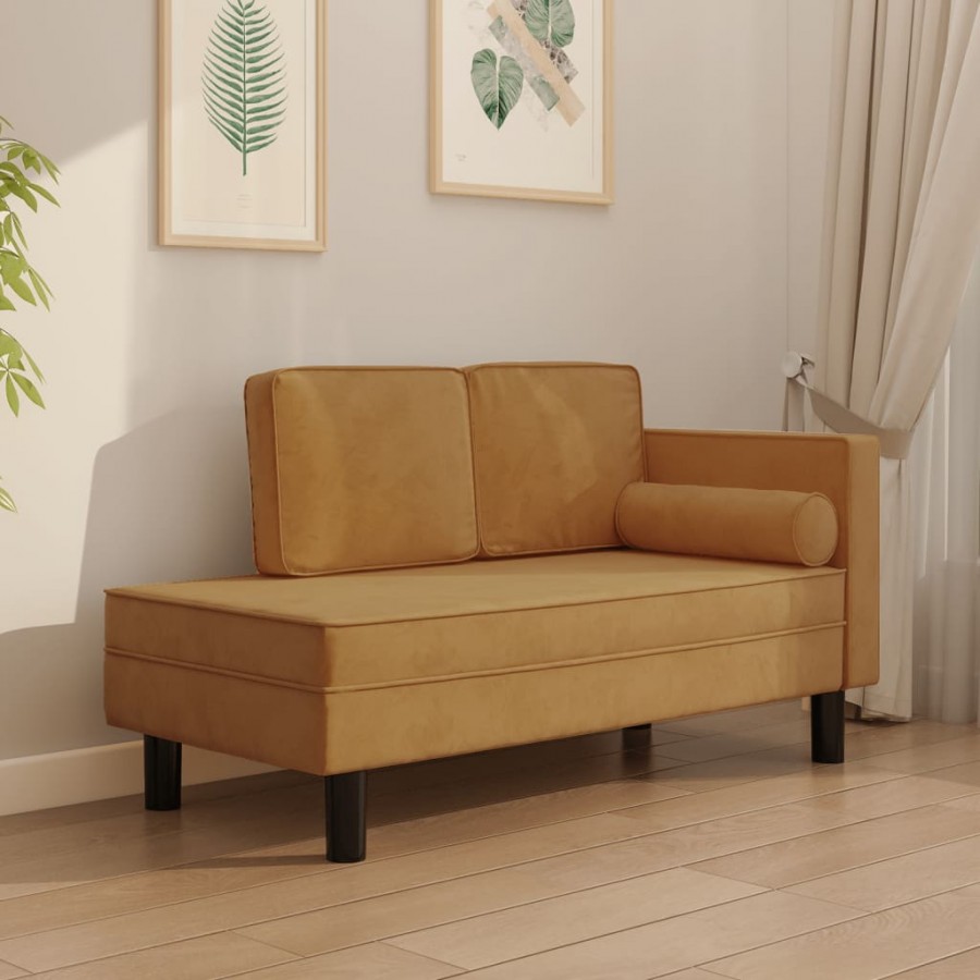 Chaise longue avec coussins et traversin marron velours