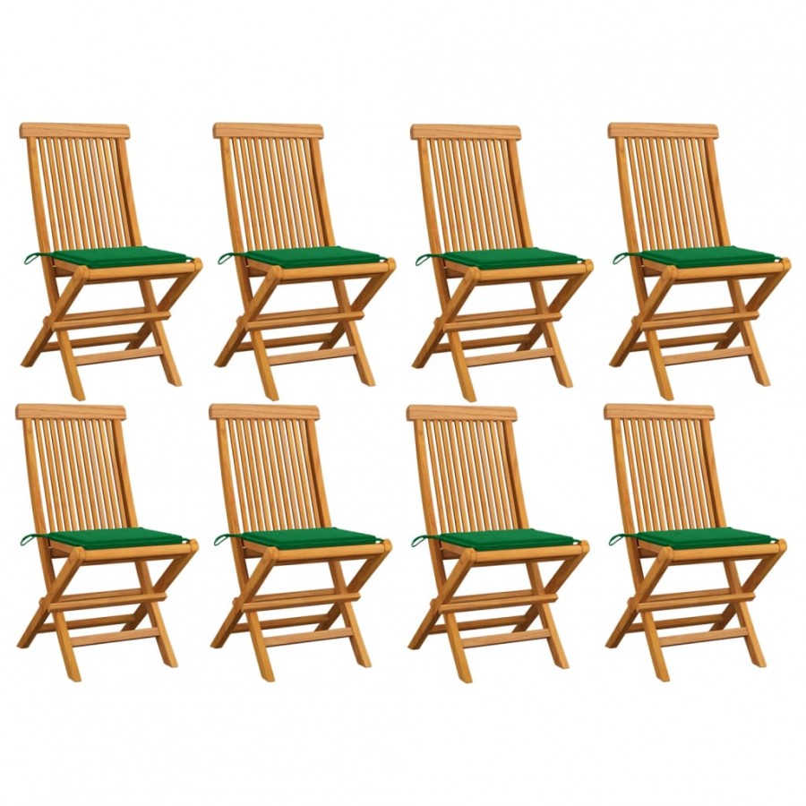 Chaises de jardin avec coussins vert 8 pcs Bois de teck massif