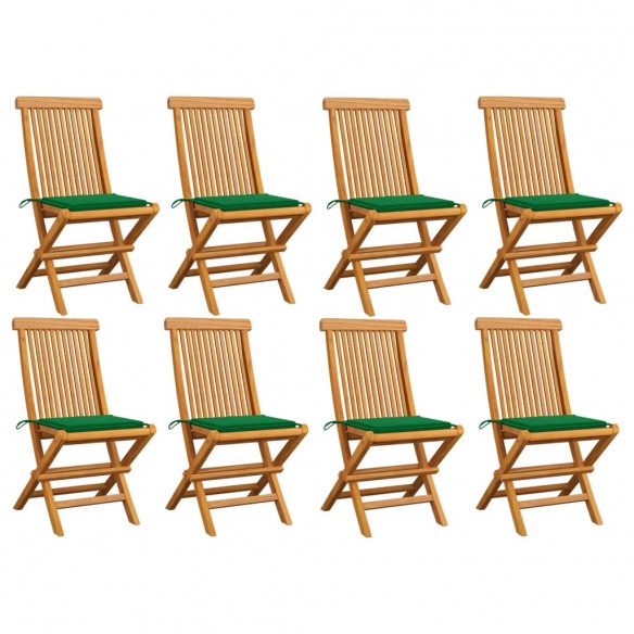 Chaises de jardin avec coussins vert 8 pcs Bois de teck massif