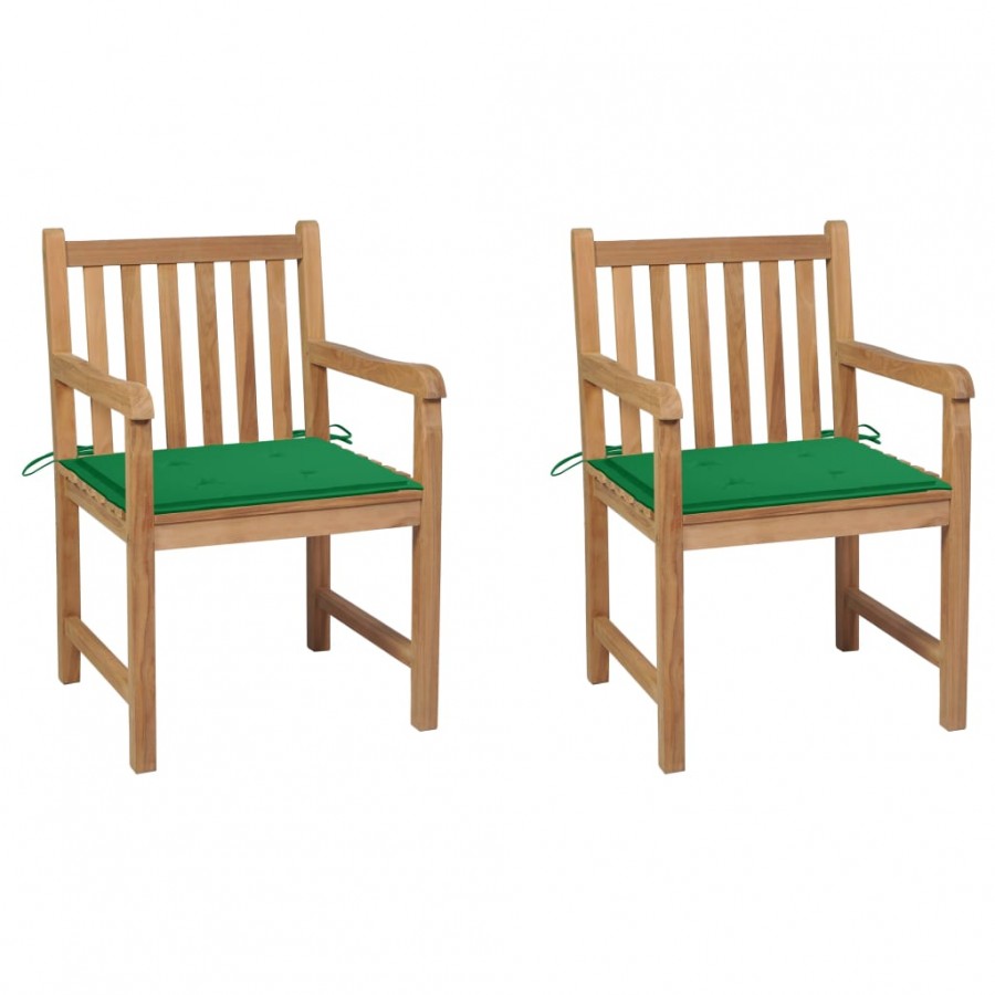 Chaises de jardin 2 pcs avec coussins vert Bois de teck massif