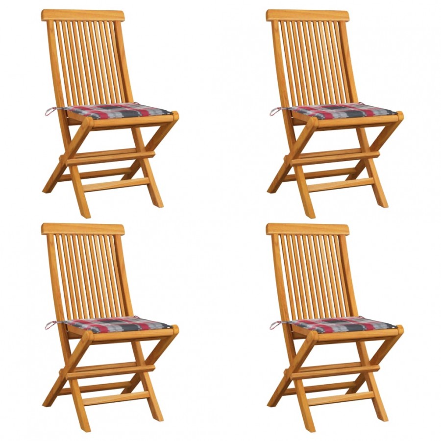 Chaises de jardin et coussins à carreaux rouge 4pcs Teck massif