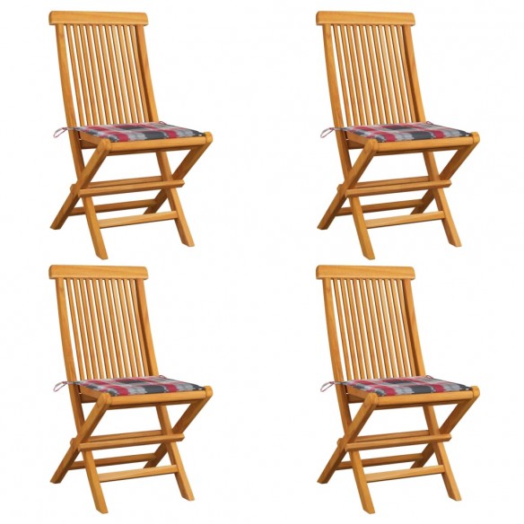 Chaises de jardin et coussins à carreaux rouge 4pcs Teck massif