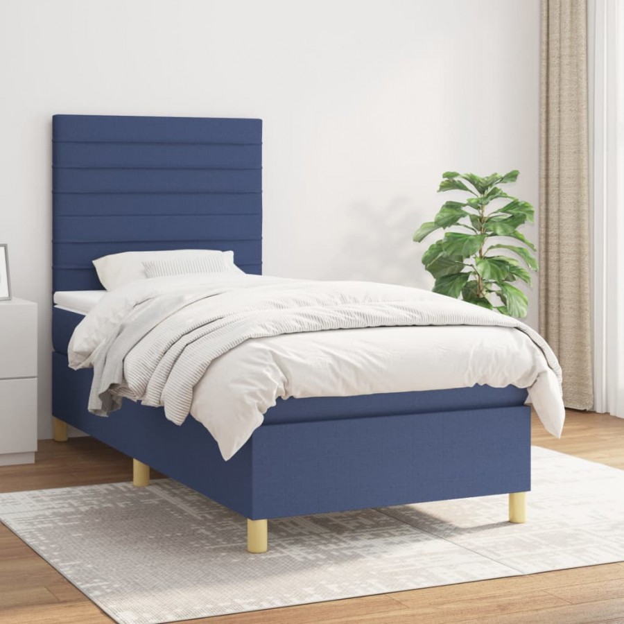 Cadre de lit avec matelas Bleu 100x200 cm Tissu