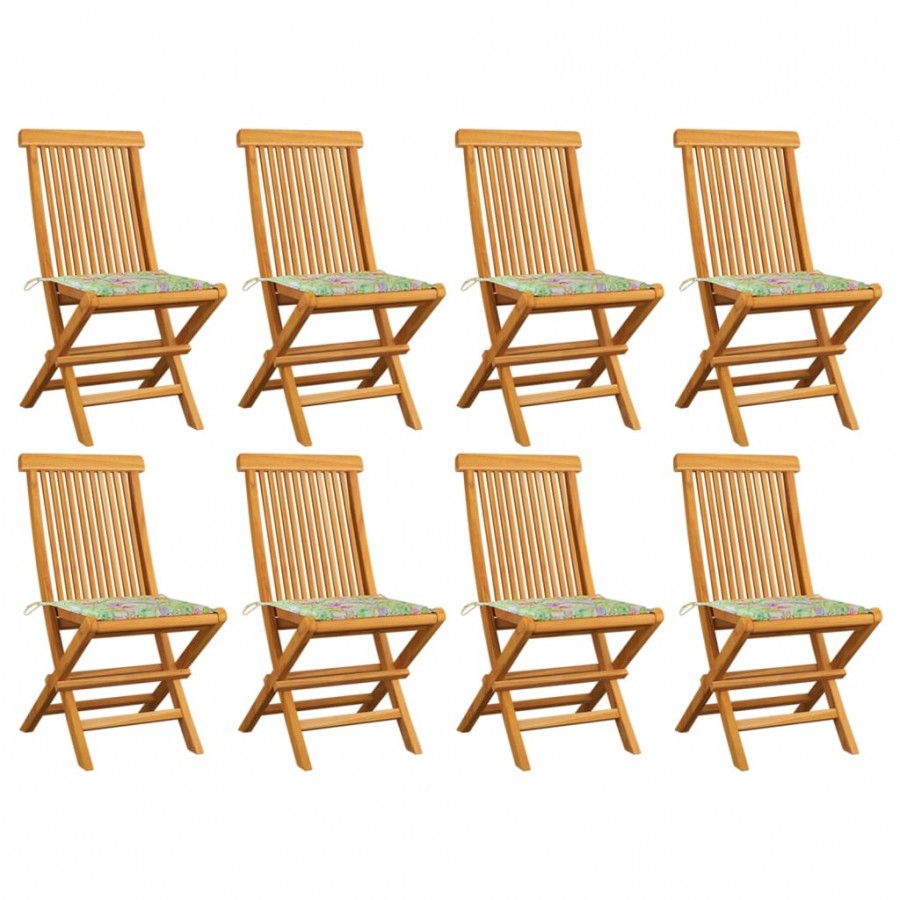 Chaises de jardin avec coussins motif feuilles 8pcs Teck massif